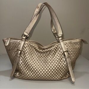 Champagne Gold Shoulder Bag Womens Metallic Woven Leather Satchel Tote Large